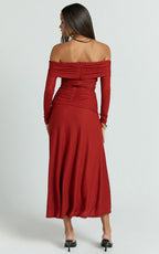 Perla Midi Dress - Off The Shoulder Sleeve Drop Waist Dress in Red