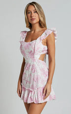 Anisha Mini Dress - Flutter Sleeve Straight Neck With Tie Back Dress in Pink and White Floral Print