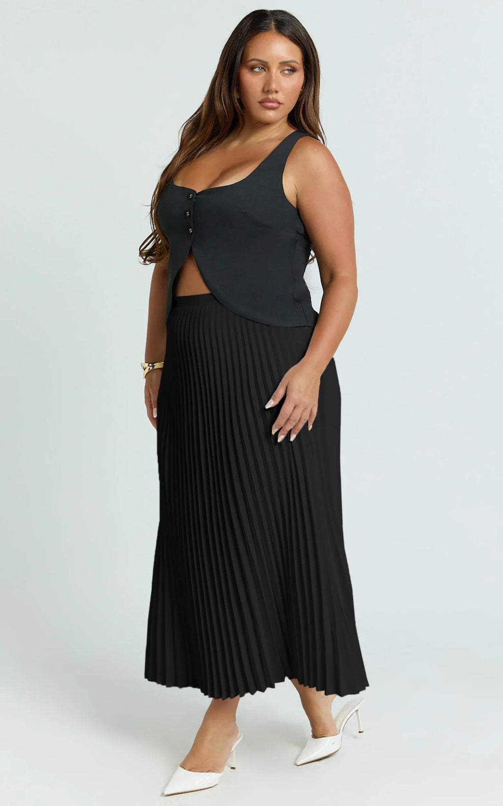 Harlee Midi Skirt - Pleated High Waist A Line Skirt in Black