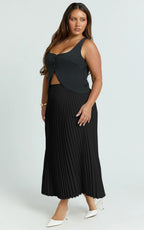 Harlee Midi Skirt - Pleated High Waist A Line Skirt in Black