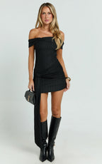 Svetlana Mini Dress - Textured Jersey Off Shoulder Draped Dress in Black
