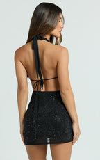 Felix Mini Dress - Plunge Cowl Backless Hotfix Dress in Black