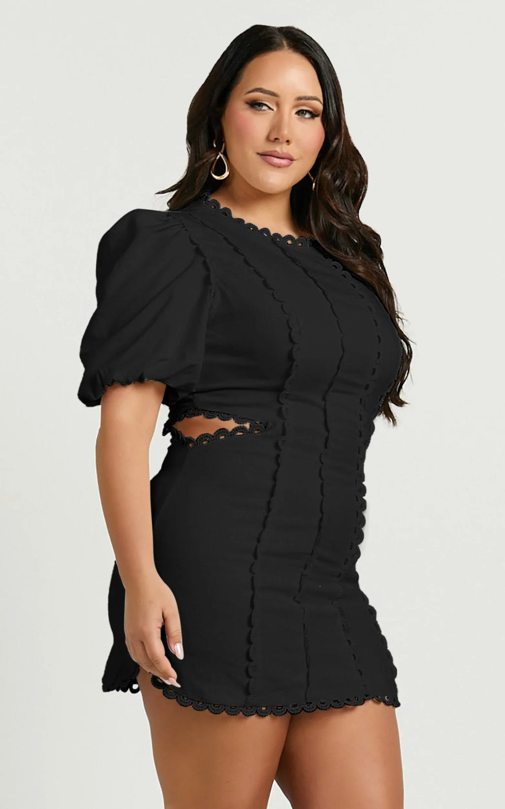 Laila Mini Linen Blend Dress - High Neck Side Cut Out Puff Sleeve Straight Dress in Black