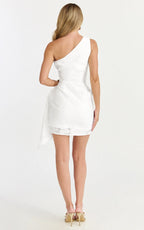 Brailey Mini Dress - One Shoulder Wrap Front Dress in White Jacquard