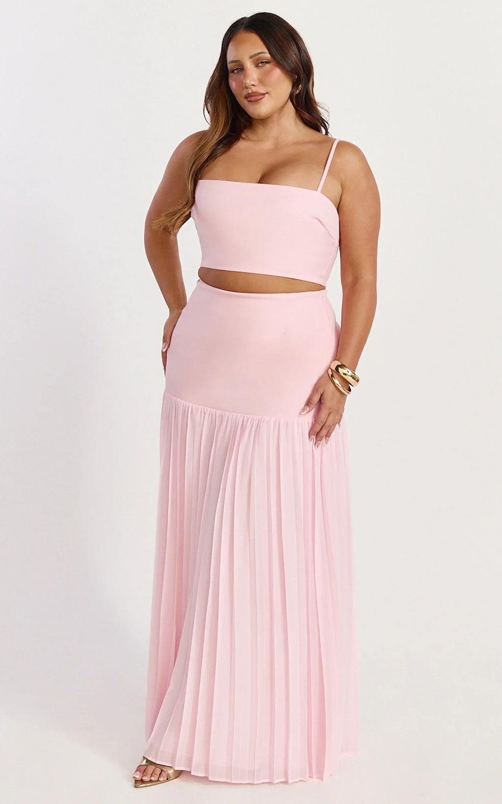 Rowan Two Piece Top and Skirt Set - Square Neck Crop Top and High Waist Pleated Maxi Skirt Set in Pink