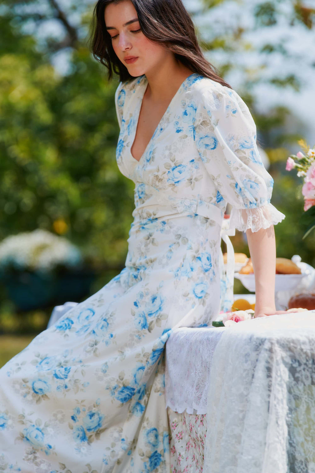 Divia Lace Floral Midi Dress in Blue