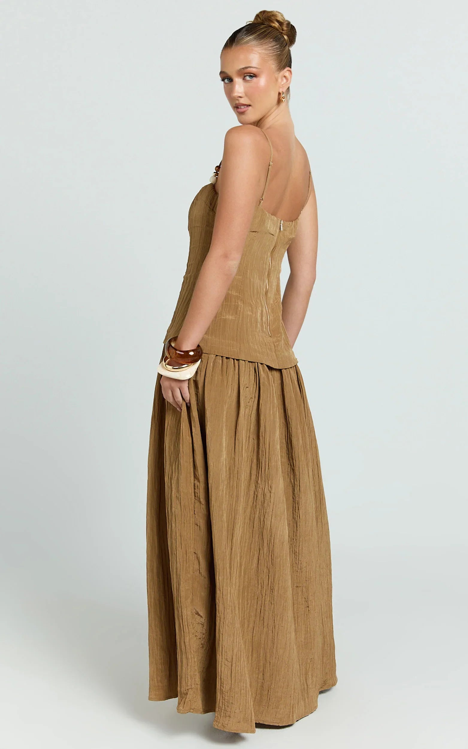 Edie Maxi Dress - Straight Neck Gathered Drop Waist Dress in Brown