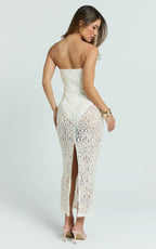 Emilee Midi Dress - Strapless Jersey Bodysuit Sheer lace Column Dress in White