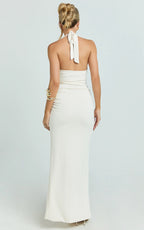 Cleo Maxi Dress - Halter Neck Floral Trim Cut Out Fitted Dress in Ivory
