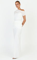 Nami Maxi Dress - Overlay Off Shoulder Draped Cowl Waist Dress in White