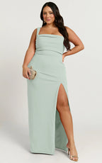 Donna Maxi Dress - Cowl Neck Column High Split Dress in Sage