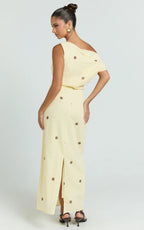 Cia Midi Dress - One Shoulder Dress in Yellow Choc Polka Dot