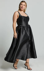 Courtney Midi Dress - Corset Panel Low Back Dress in Black