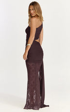 Ferguson Maxi Dress - One Shoulder Draped Jersey and Lace Dress in Chocolate