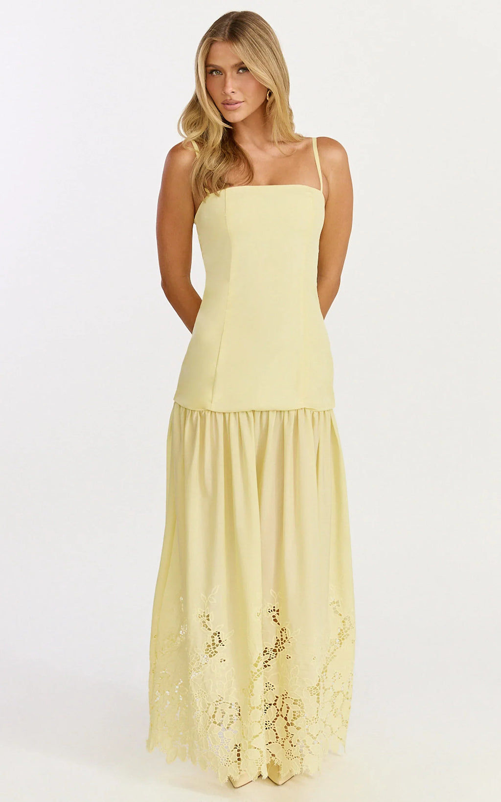 Everly Maxi Dress - Straight Neck Broderie Cut Out Hem Dress in Lemon