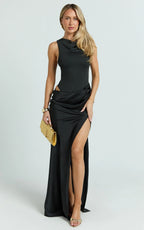 Pepper Maxi Dress - High Neck Bodysuit with Draped Skirt in Black