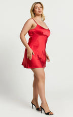 Mikaila Mini Dress - Cut Out Back Satin Slip Dress in Red