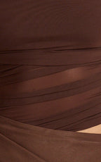 Zuri Midi Dress - Cut Out Draped Shoulder Dress in Chocolate