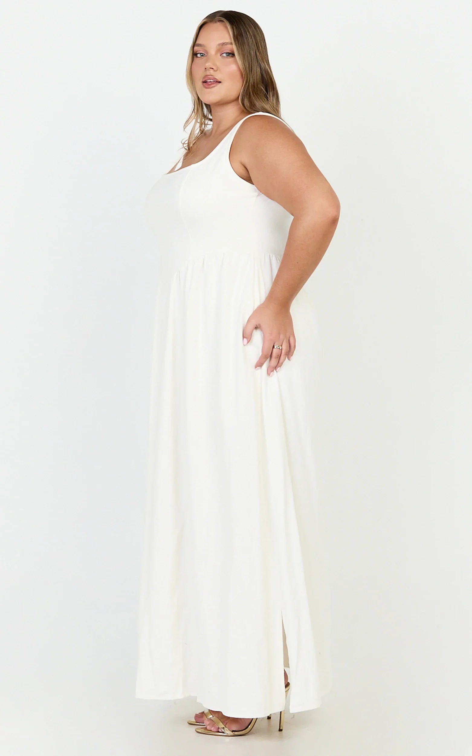 Rhaziya Midi Dress - Sleeveless Straight Neck Fit and Flare Dress in White