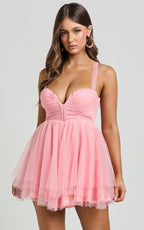 Gwen Mini Dress - Sweetheart Neck Cross Tie Back  Shift Dress in Pink