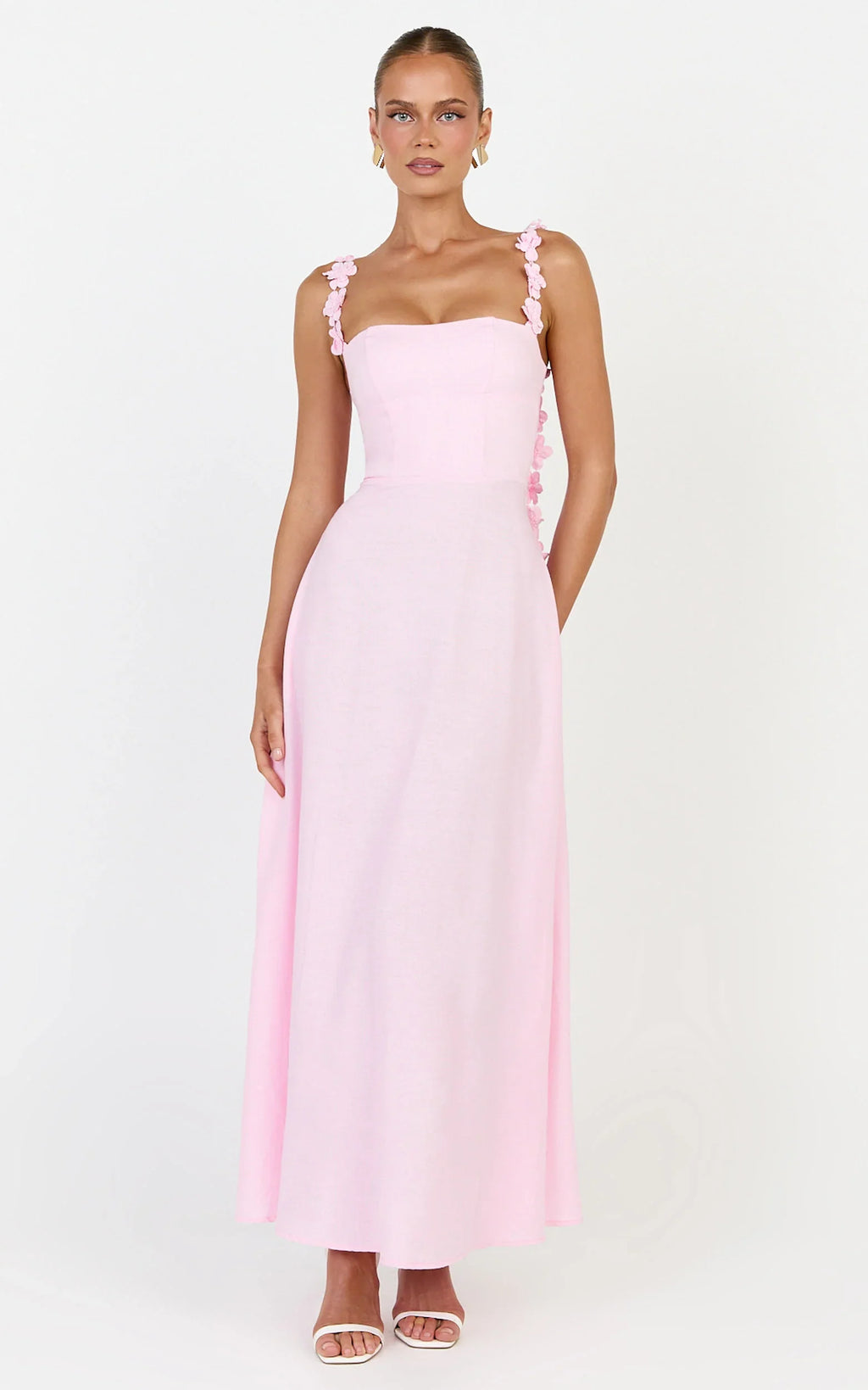 Clementine Midi Dress - 3D Floral Strap Dress in Pink