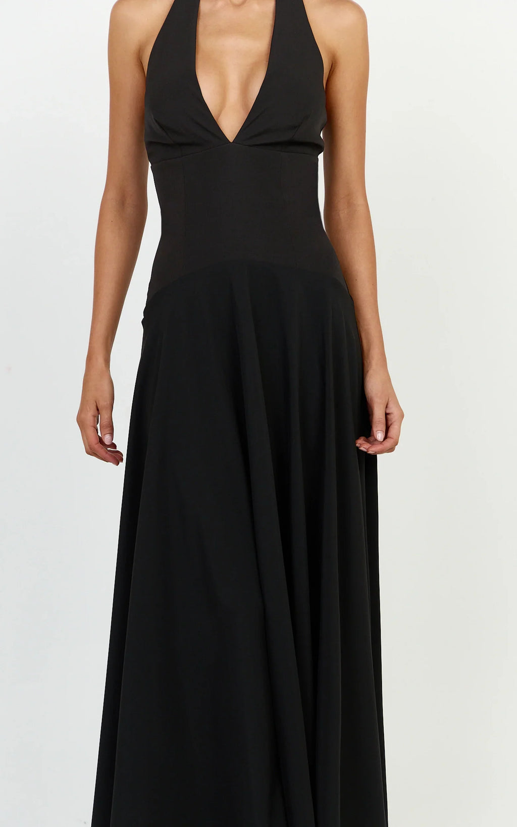 Poppy Maxi Dress - Contrast Skirt Deep Plunge Halter Dress in Black