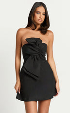 Chika Mini Dress - Linen Strapless Front Bow Dress in Black