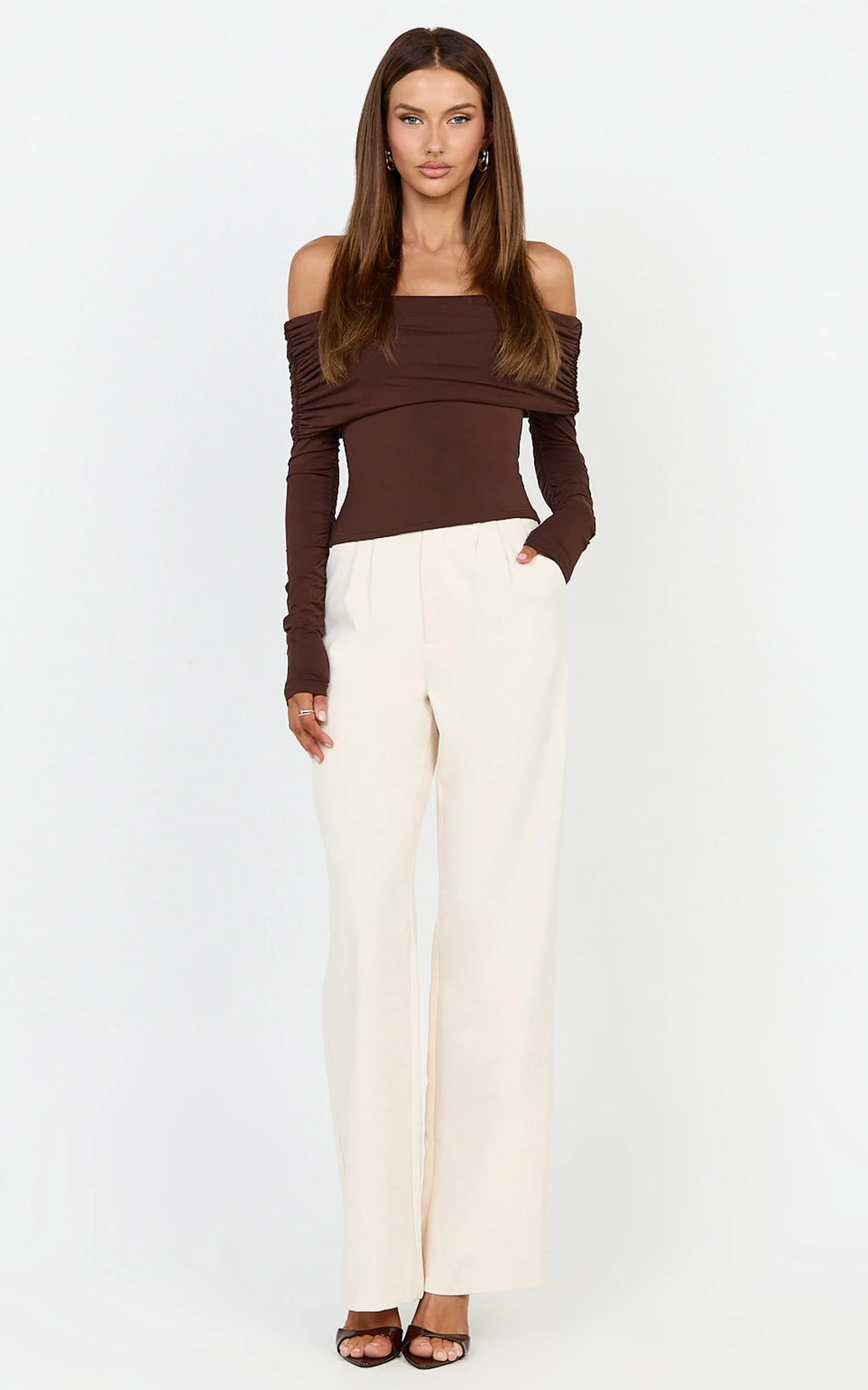 Jolie Top - Off Shoulder Long Sleeve Gathered Top in Chocolate