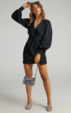 Billie Mini Dress - Twist Front Long Puff Sleeves Dress in Black