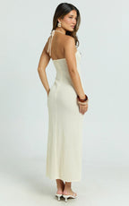 Blaire Midi Dress - Strappy Ruched Front Column Fitted Textured Jersey Dress in Off White