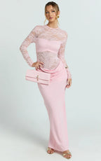 Crisanta Maxi Dress - Long Sleeve Contrast Lace Bodycon Dress in Pink