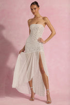 Semi-Sheer Embellished Asymmetric Maxi Dress in White