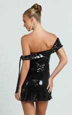 Ace Mini Dress - Sequin Off Shoulder Tie Detail Dress in Black