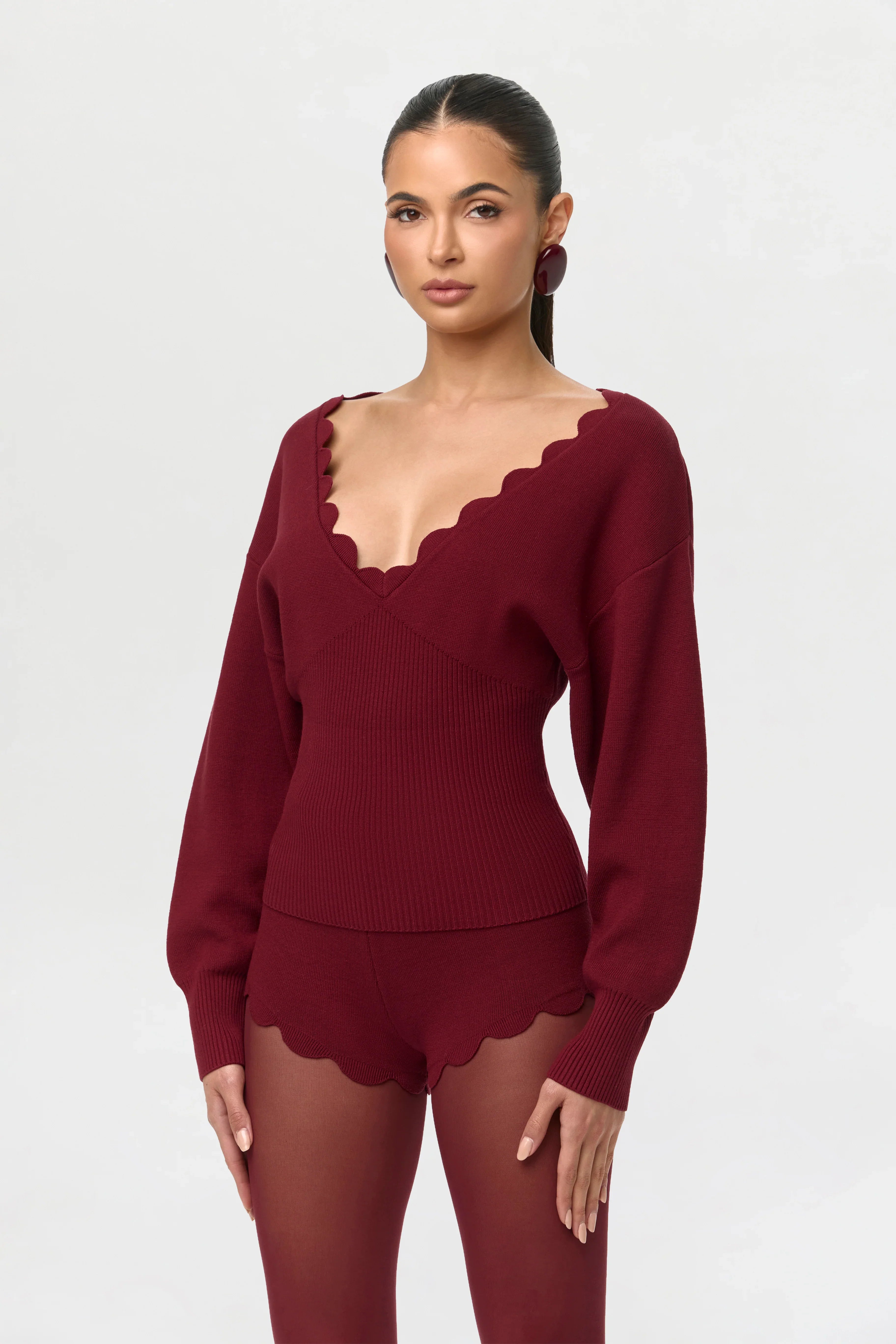 Ribbed-Knit V-Neck Scallop Sweater