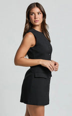Yasmine Mini Dress - Button Down Boucle Dress in Black