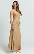 Santiago Midi Dress - Textured Jersey Strapless Twist Waist Dress in Beige