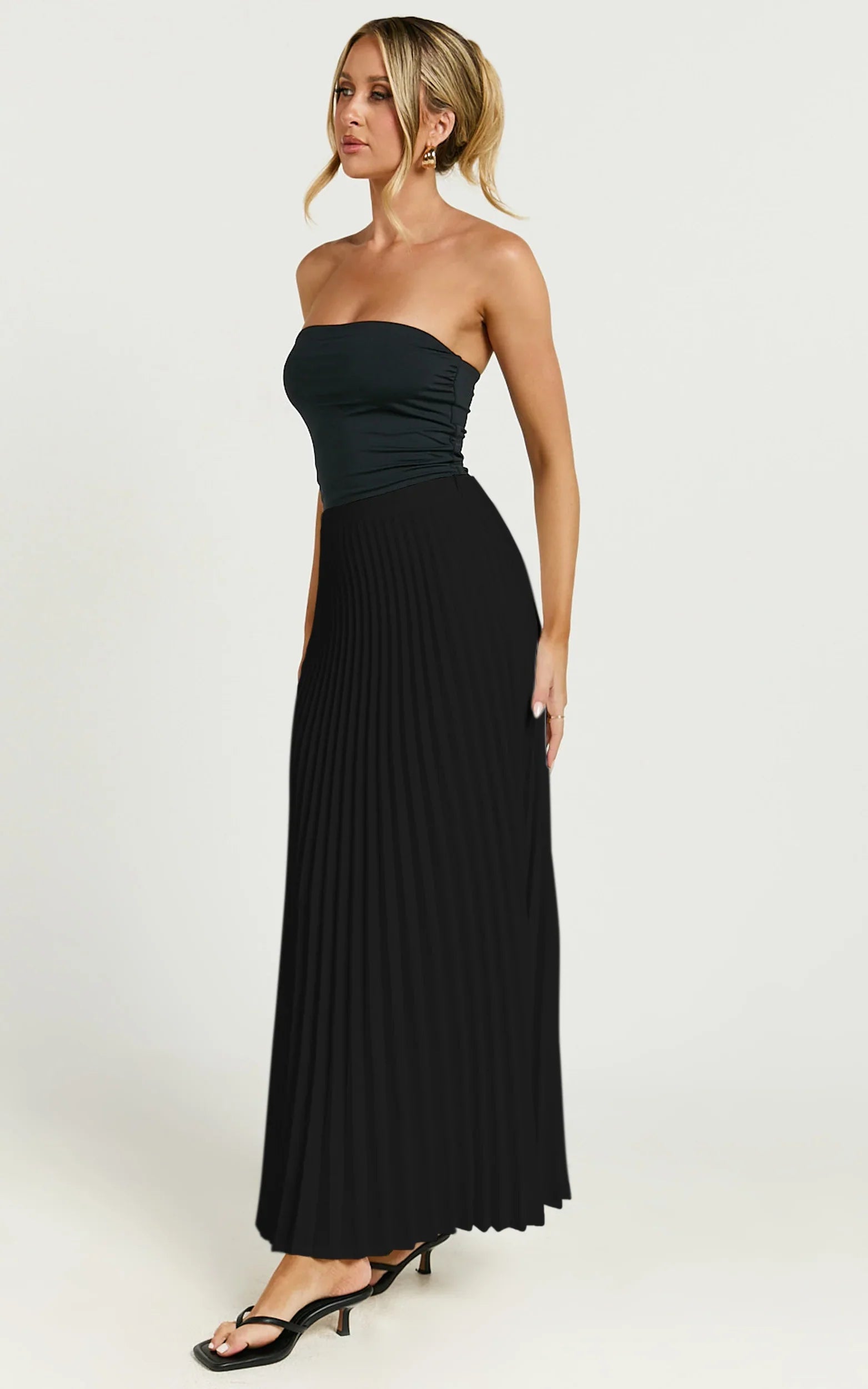 Harlee Midi Skirt - Pleated High Waist A Line Skirt in Black