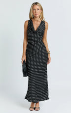 Blanca Midi Dress - Cowl Neck Bias Cut Dress in Black Polka Dot