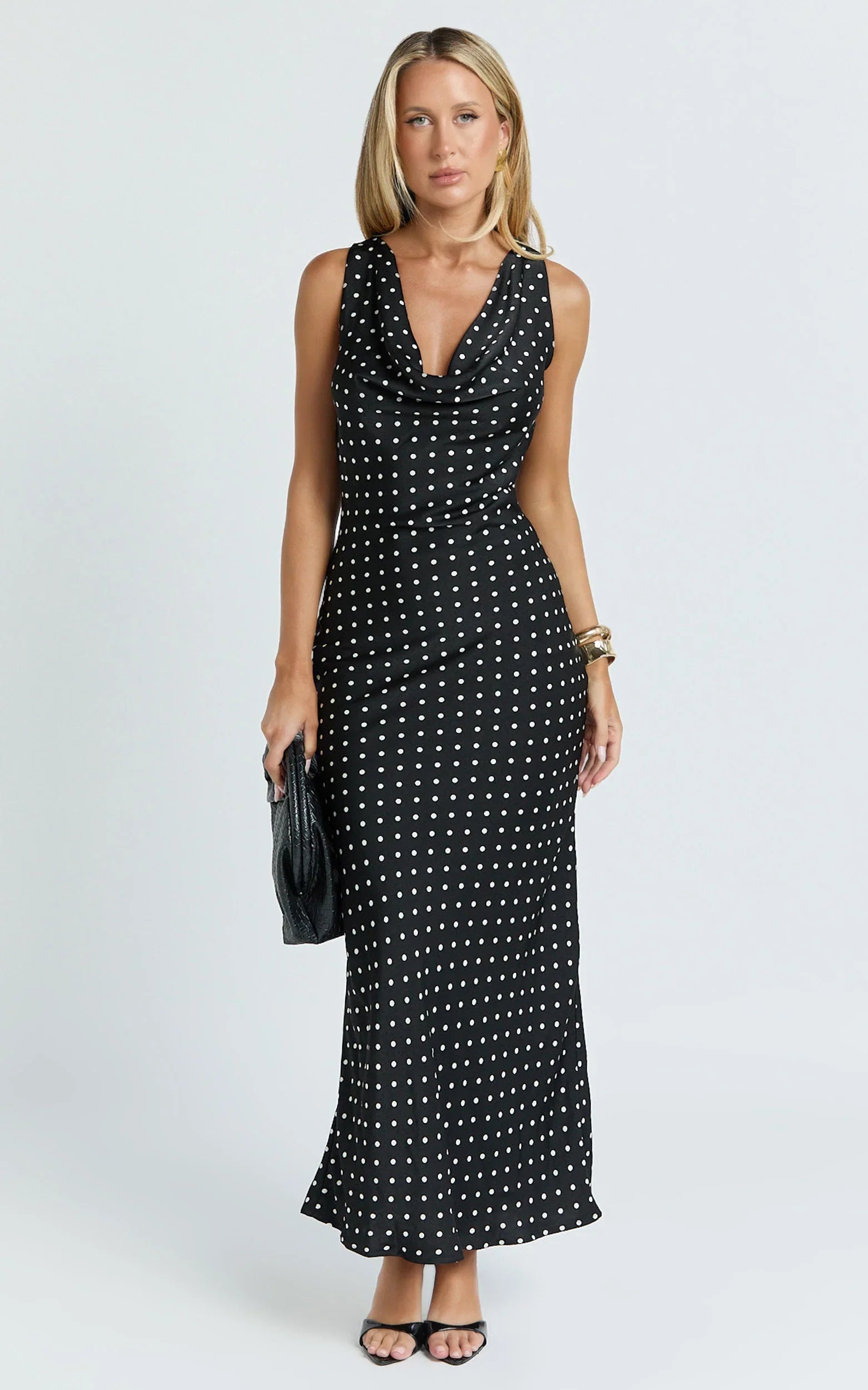 Blanca Midi Dress - Cowl Neck Bias Cut Dress in Black Polka Dot