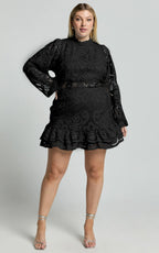 Kiss Me Now Mini Dress - Long Puff Sleeve Dress in Black Lace