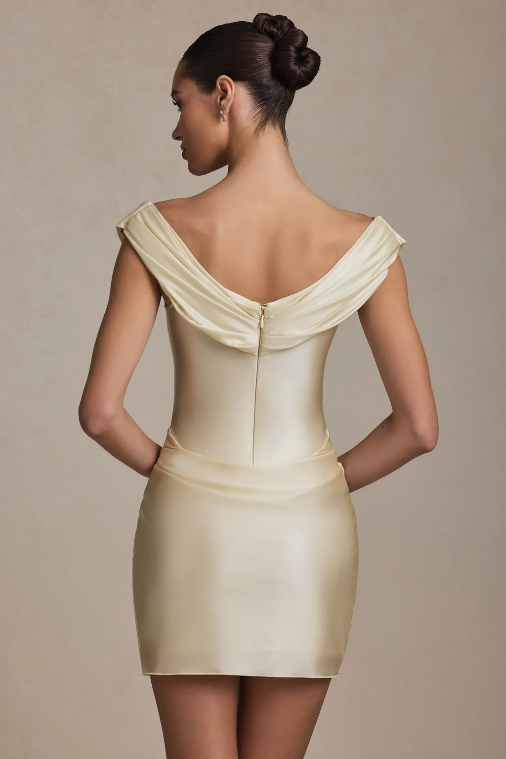 Off-Shoulder Draped Mini Dress in Ivory