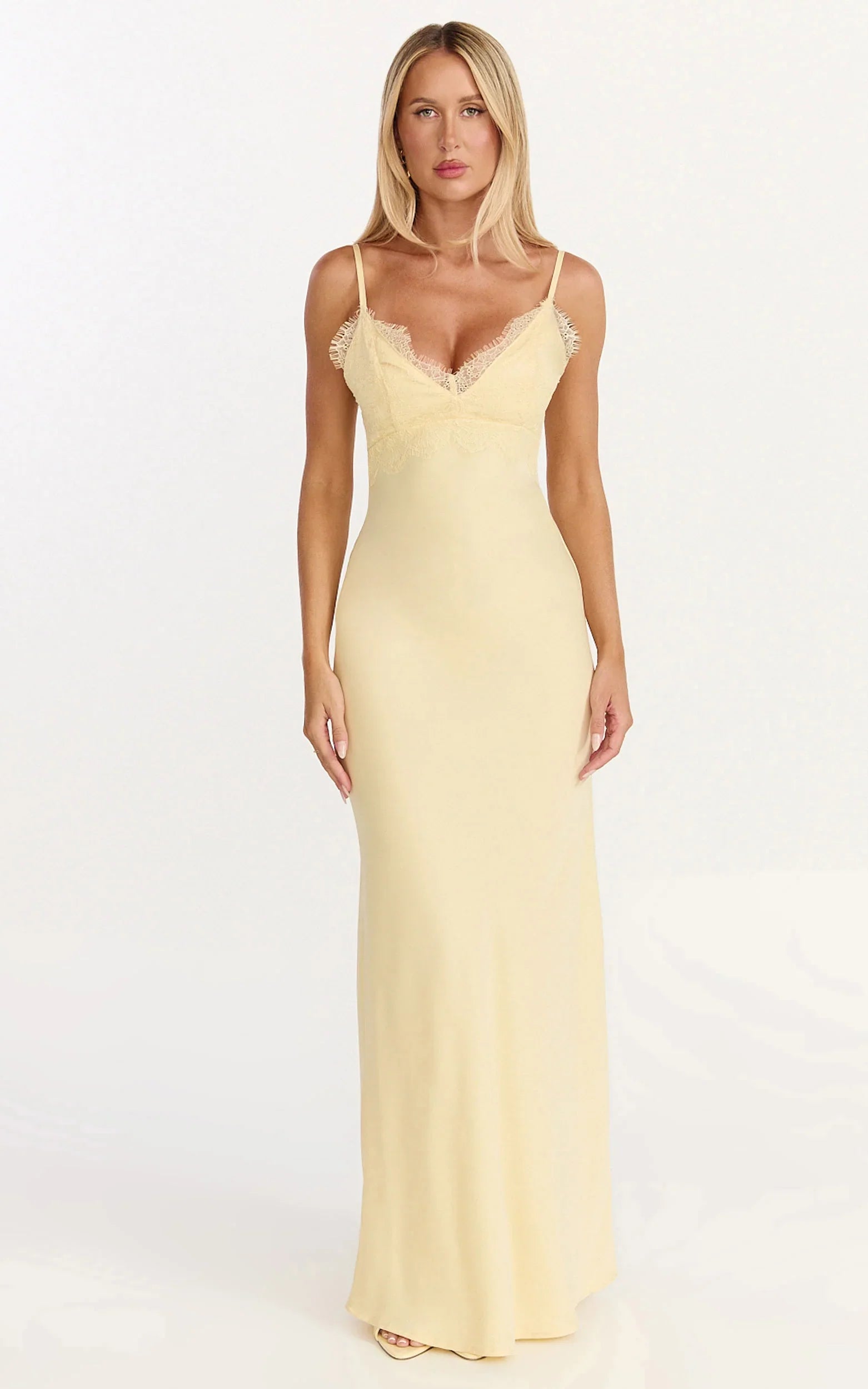 Kyra Maxi Dress - Lace Bust And Tie Back Satin Dress in Lemon
