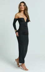 Isabelle Midi Dress - Ruche Front Deep U Off Shoulder Fitted Dress in Black