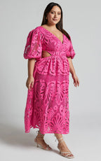 Anieshaya Midi Dress - V Neck Cut Out Lace Dress in Pink
