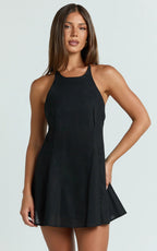 Dorothy Mini Dress - Backless Beaded Smock Mini Dress in Black