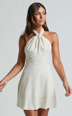 Louie Mini Dress - Linen Halter Neck Dress in Natural