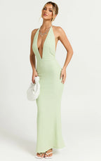 Ada Maxi Dress - Halter Plunge Textured Jersey Open Back Dress in Green