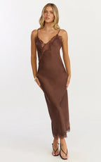 Ava Midi Dress - Lace Trim Scallop Hem Camisole Dress in Chocolate
