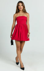 Shaima Mini Dress - Strapless Bubble Hem Dress in Red
