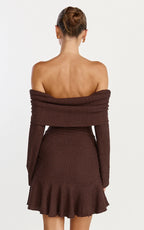 Maeve Mini Dress - Off Shoulder Long Sleeve Fit And Flare Mini Dress in Chocolate